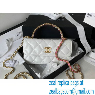 chanel Shiny Calfskin & Gold-Tone Metal Phone Holder with Chain AP3242 white 2023